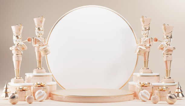 3D渲染圆柱讲台在圣诞圣诞老人和圣诞树，礼品盒，彩带，产品，香水，促销销售，演示，化妆品的背景色。图片下载