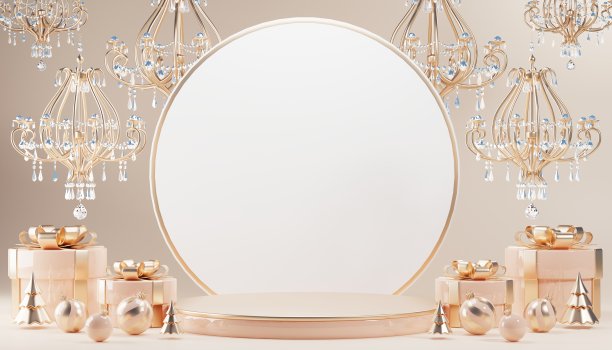 3D渲染圆柱讲台在圣诞圣诞老人和圣诞树，礼品盒，彩带，产品，香水，促销销售，演示，化妆品的背景色。图片下载