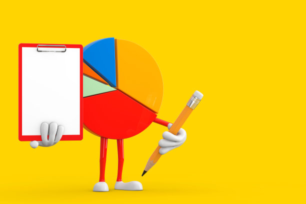 信息图形业务饼图人物与红色塑料剪贴板，纸和铅笔。3d渲染图片下载