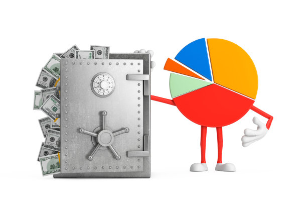 信息图形业务饼图人物与金库或保险箱满美元纸币。3d渲染图片下载
