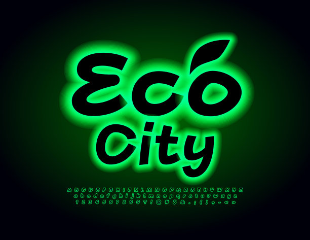矢量发光的标志生态城市。绿色霓虹字母和数字设置图片下载