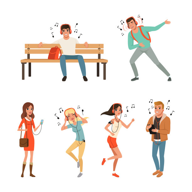 快乐的年轻人物戴着耳机图片下载