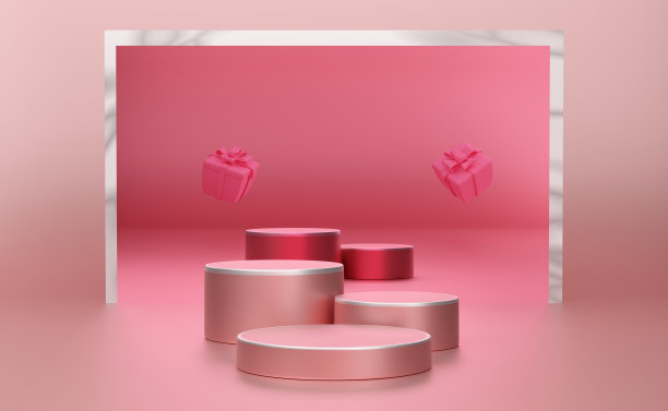 讲台空的几何形状粉红色粉彩组成的现代舞台展示和极简主义的模型，抽象的橱窗背景，概念3d插图或3d渲染图片下载