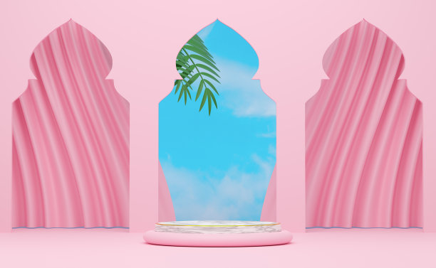 讲台空的几何形状和窗帘的粉红色粉彩组成的现代舞台展示和极简主义的模型，抽象的橱窗背景，概念3d插图或3d渲染图片下载