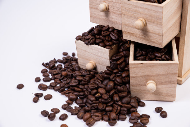 装有装满咖啡豆的小隔间的木箱。咖啡豆并排散布在白色的背景上图片下载
