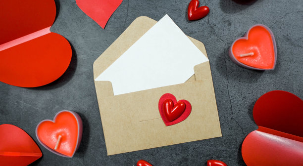 横幅。红色的心，一个信封，一张白色的纸上的文字在黑暗的背景和复制空间。情人节节日问候的概念。图片下载