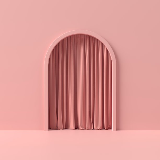 抽象的粉红色讲台，产品展示与窗帘。圆柱体舞台上的粉红色背景3d插图。图片下载
