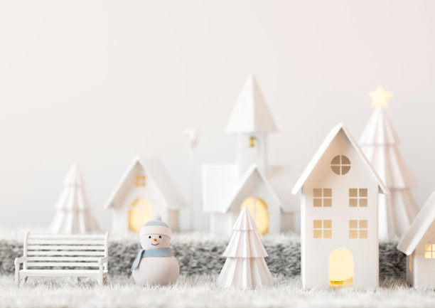 用房子、圣诞树和雪人装饰一个小镇。背景是一片明亮的白色模糊。图片下载