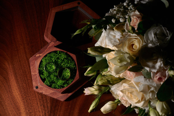 背景是结婚戒指和花束图片下载