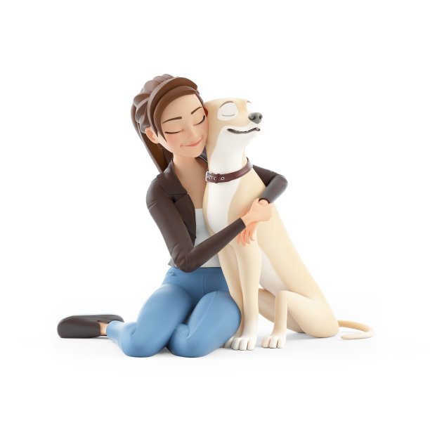 3d卡通女人在地板上抱着她的狗图片下载