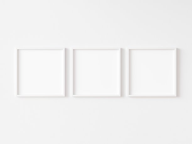 三个方形的白色框架在白墙上模拟。3 d演示。图片下载