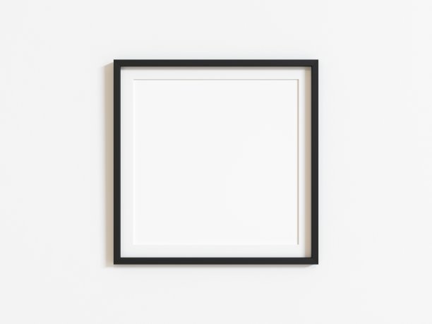 一个正方形的空白相框，用来放照片。黑色相框模型。孤立的图片框架模型模板在白色背景。三维演示图片下载