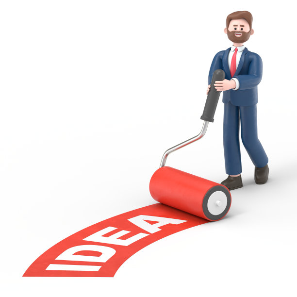 3D插图的微笑胡子美国商人鲍勃与滚筒刷和字“想法”。白色背景的3D渲染。图片下载