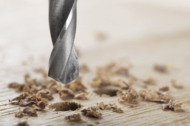 钻头在橡木木板上钻孔，用于木销钉。图片下载