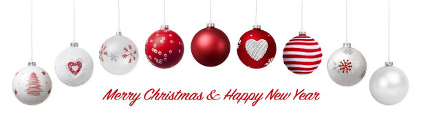 红色挂球装饰的心，树，雪花和闪闪发光的珍珠图案，孤立的白色背景与圣诞快乐和新年快乐的文字，贺卡或横幅的模板图片下载
