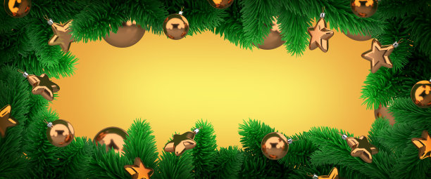 杉树枝圣诞框架与节日玻璃球和星星在黄色的黄金背景。复制空间，空白框节日问候横幅模板。三维渲染图片下载