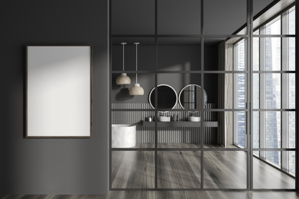 灰色的酒店浴室内部有浴缸和全景窗。模型框架图片下载