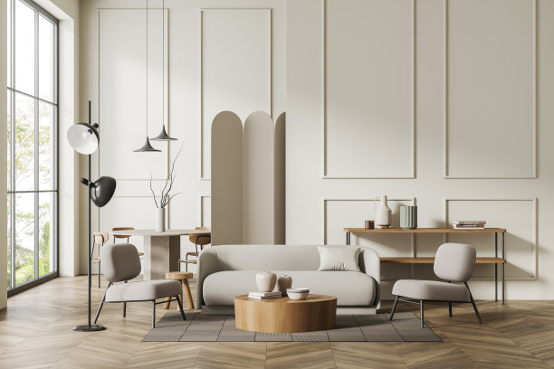 明亮的客厅内部有餐桌和柔软的地方，全景窗户图片下载