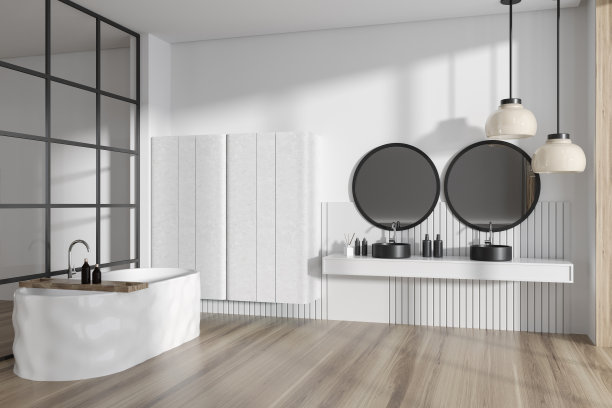 照明浴室内部有双水槽和浴缸，配件图片下载