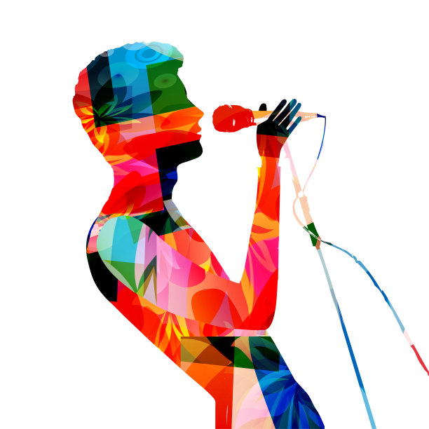 乐队主唱剪影对着麦克风唱歌。男歌手在强烈的色彩孤立。现场表演和音乐会事件的矢量插图。音乐节，卡拉ok和才艺表演海报图片下载