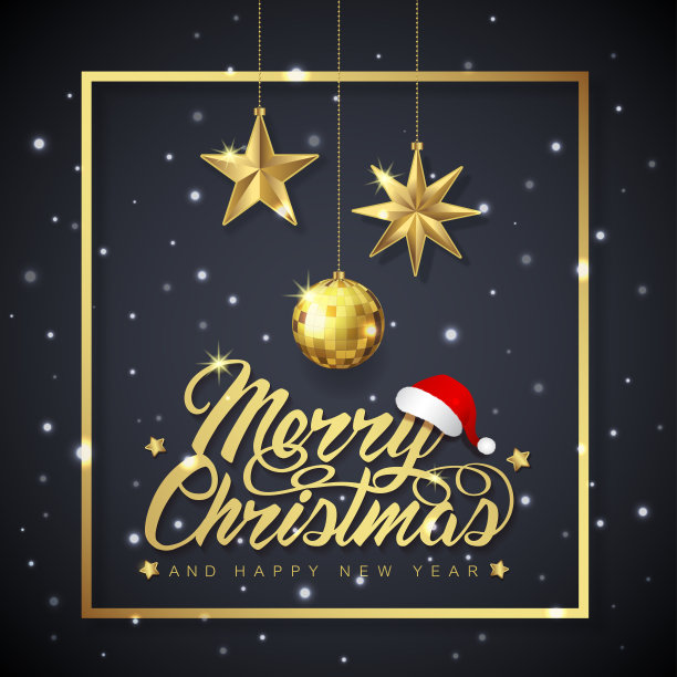 圣诞快乐和新年快乐横幅模板排版，圣诞老人帽子，闪光球，星星，丝带，雪和名气装饰传单，海报，网页，横幅，和卡片矢量插图图片下载
