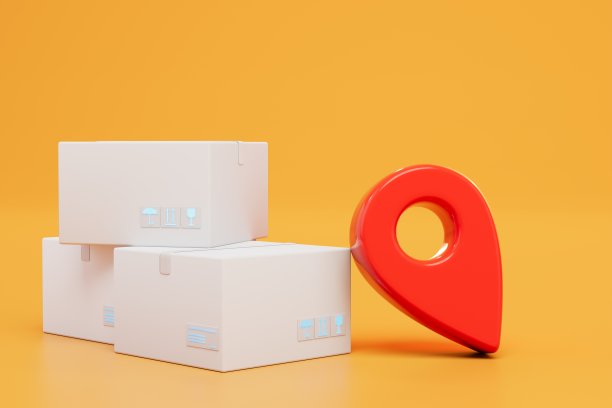 将包裹送到指定地址。包裹和橙色背景上的红色GPS点。三维渲染图片下载