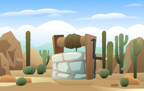 石井，木横木横，吊桶用绳子。农村水源。在岩石沙漠，有岩石，悬崖和仙人掌。卡通趣味风格。平面设计。向量。图片下载