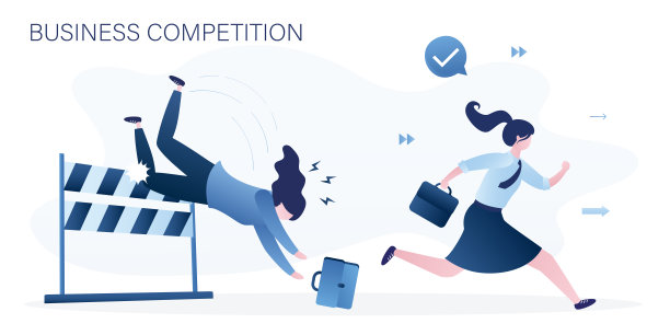 商业竞争。自信的赢家管理者克服了业务障碍。灰心丧气的女商人没能跳过跨栏摔倒在地。问题，表现不佳的女员工。图片下载