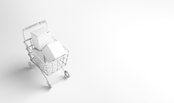 网上购物业务，电子商务，快递，购买力概念。超市购物车中的白色包裹箱孤立在白色背景上，复制空间，简约风格。图片下载