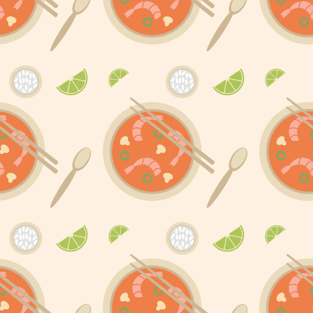 汤冬阴在碗里，无缝的图案，矢量。图片下载