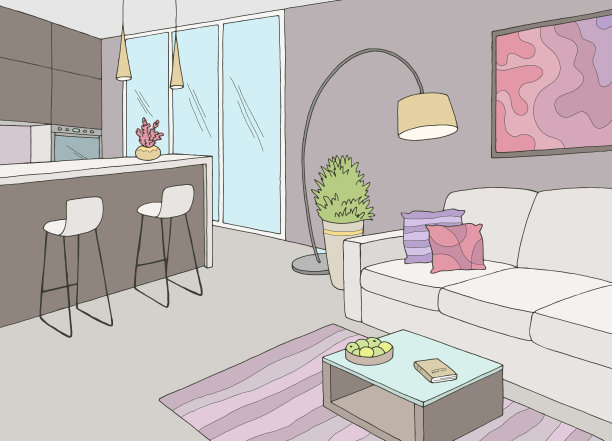 客厅图文色彩家居室内素描插图矢量图片下载