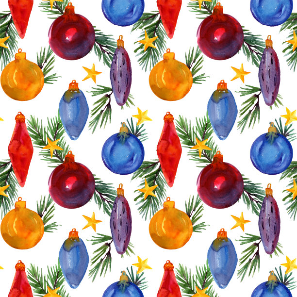 水彩手绘无缝模式与圣诞树玩具，spurce和星星在白色的背景。图片下载