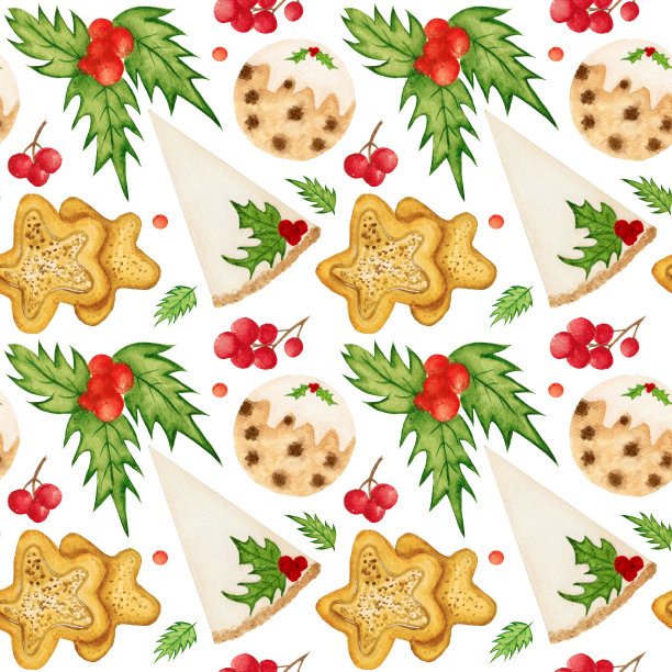 水彩节日图案，圣诞食物，芝士蛋糕，饼干，姜饼，浆果和冬青在白色背景上。图片下载
