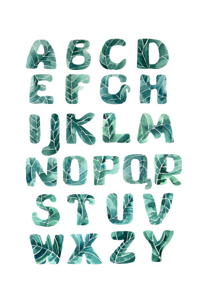 字母。绿叶下的程式化。水彩图片下载