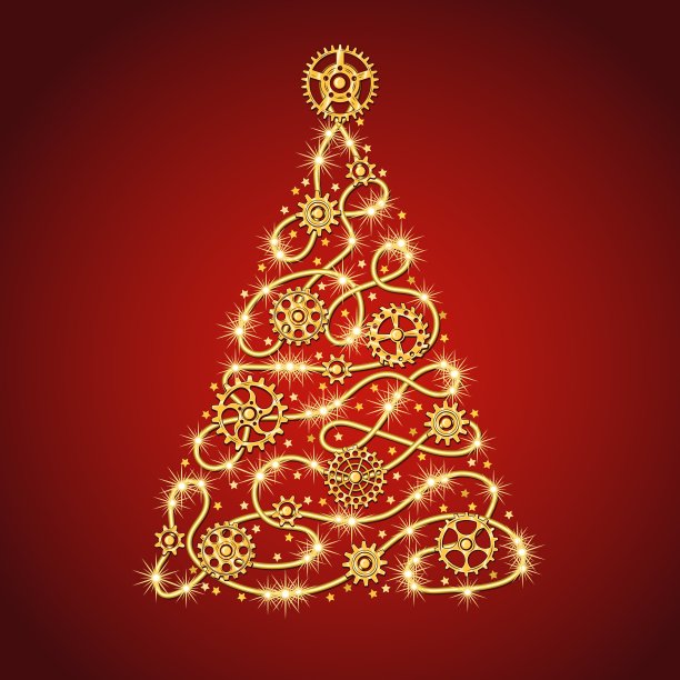 金色的圣诞树由金色的金属丝制成，上面有齿轮，闪闪发光，红色背景上散落的星星，蒸汽朋克风格。图片下载
