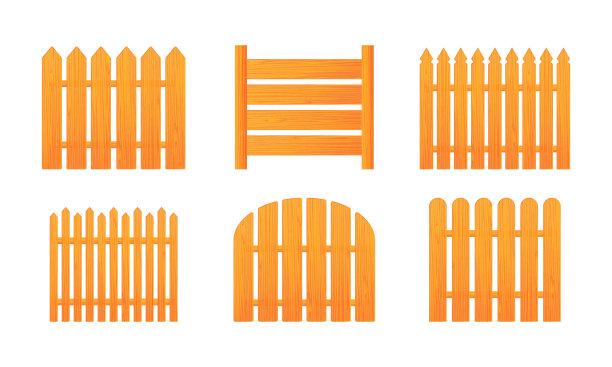 木制栅栏孤立在白色背景的矢量插图。一套卡通风格的棕色木栅栏。逼真的码障。图片下载