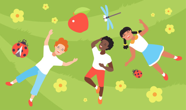 快乐的孩子们躺在夏天的草地上，有花和虫子，俯视男孩和女孩玩耍图片下载