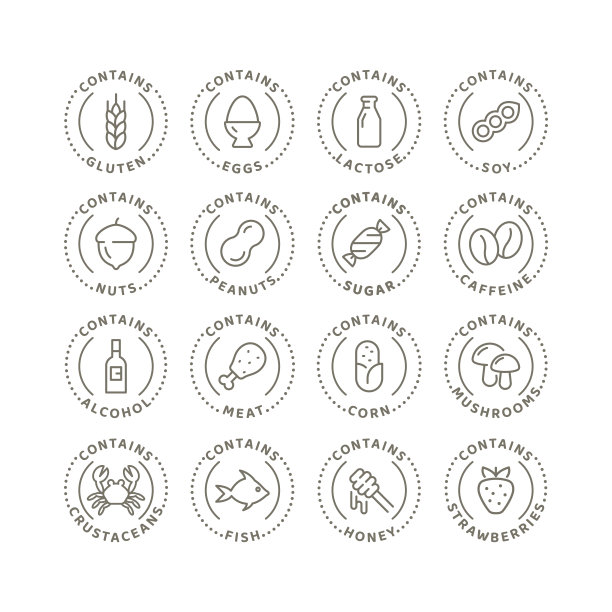 食物成分和过敏原矢量图标集图片下载