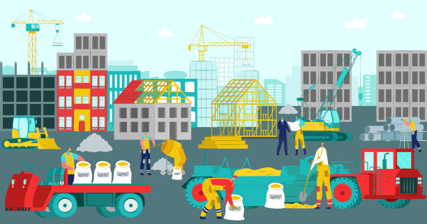 建筑工地，矢量插图。建筑房屋工程设计，有建筑行业工人背景。起重机设备图片下载