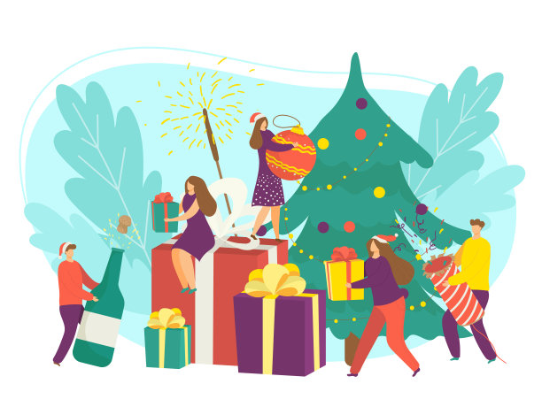 用节日礼物庆祝新年快乐的概念，矢量插画。卡通圣诞树和扁平化的人物形象hold住了礼物。图片下载