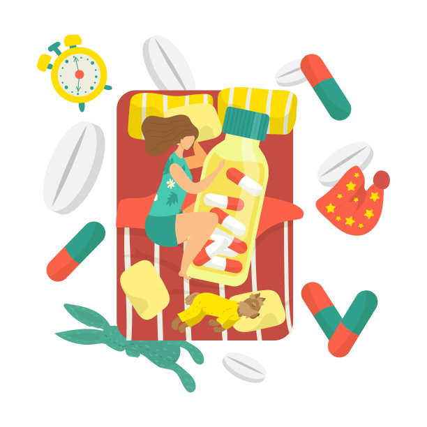 失眠健康压力，年轻女性睡眠用大药片概念，载体说明。卡通晚上睡觉的人，睡觉的累女人图片下载
