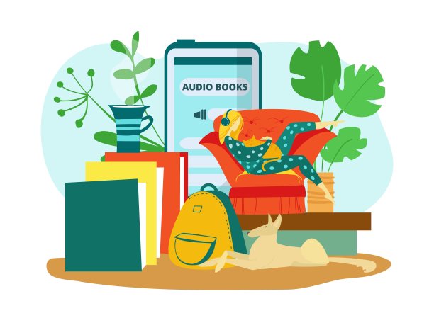 小女孩戴着耳机听有声书，矢量插图。数字化信息技术，立体文学阅读，现代教育理念。图片下载