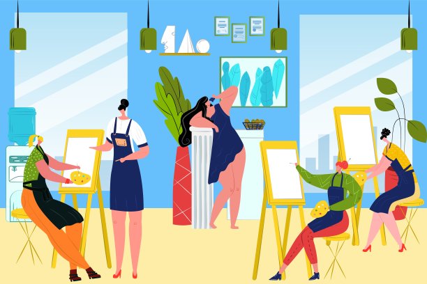 小组学生在美术课上画女人，矢量插画。室内年轻艺术家与画架，画笔，调色板训练的美术。图片下载