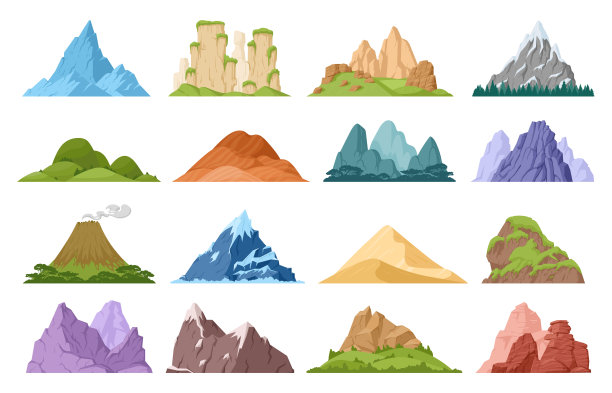卡通山，山顶和雪峰山。户外探险或徒步旅行，自然景观山的剪影平坦矢量插画集合。山峦起伏，山峦起伏图片下载