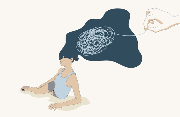 解开纠结纠结。心理治疗的概念。比喻解决问题，混乱和混乱，困难的情况。年轻女子穿着城市休闲风格的衣服。图片下载