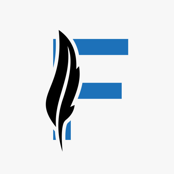 羽毛标志上的字母F矢量模板。法律标志鸟羽毛标志图片下载