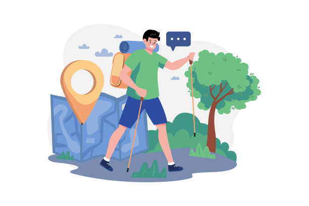 男孩享受徒步旅行插画概念。孤立在白色背景上的平面插图图片下载