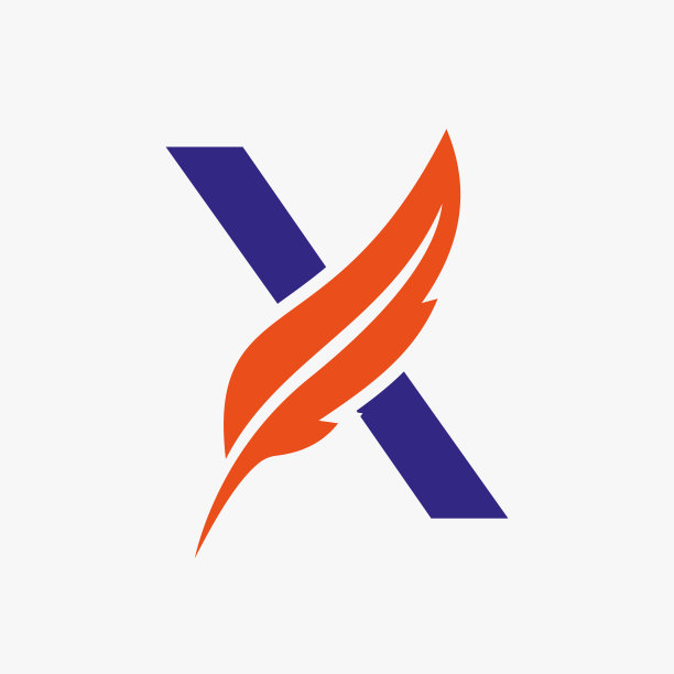 羽毛标志上的字母X矢量模板。法律标志鸟羽毛标志图片下载