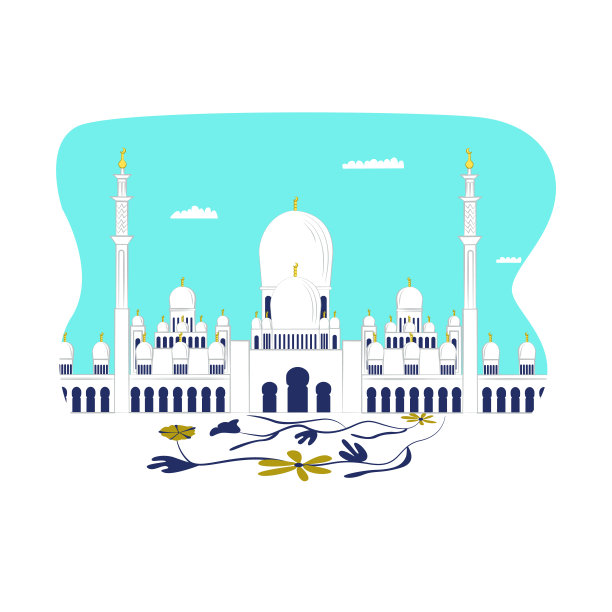 现代未来主义的城市景观，美丽的阿拉伯建筑大教堂清真寺，砖砌的清真寺平面矢量插画，孤立的白色。图片下载