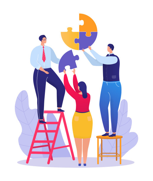 商务团队工作，商人站梯子抱拼图细节，商人帮公司平矢量插图，孤立在白色上。图片下载